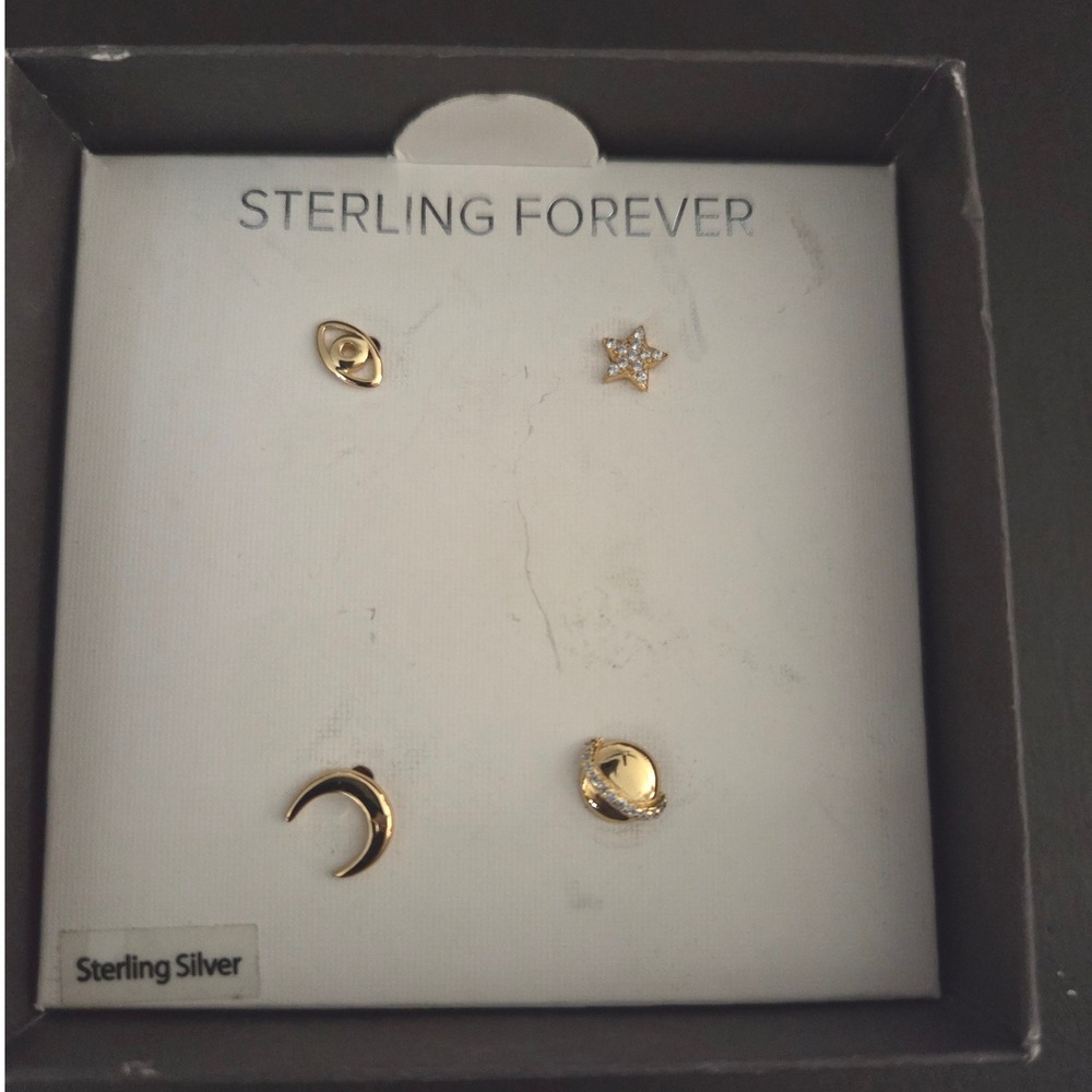 Sterling Forever Gold Over Sterling‎ Silver Celestial Stud Earring Set 4pc NEW